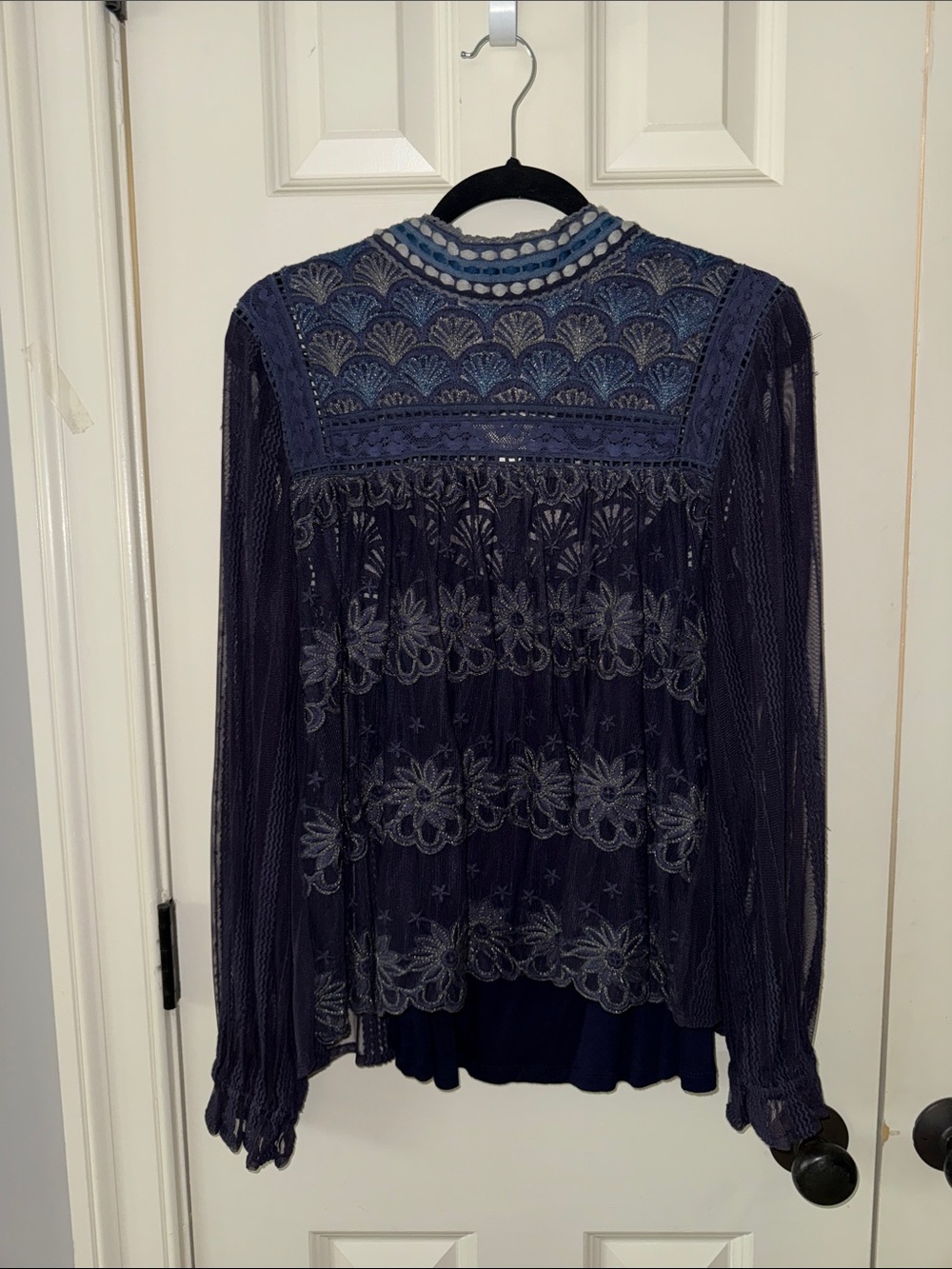 Navy Blue Lace-Embroidered Long Sleeve Blouse